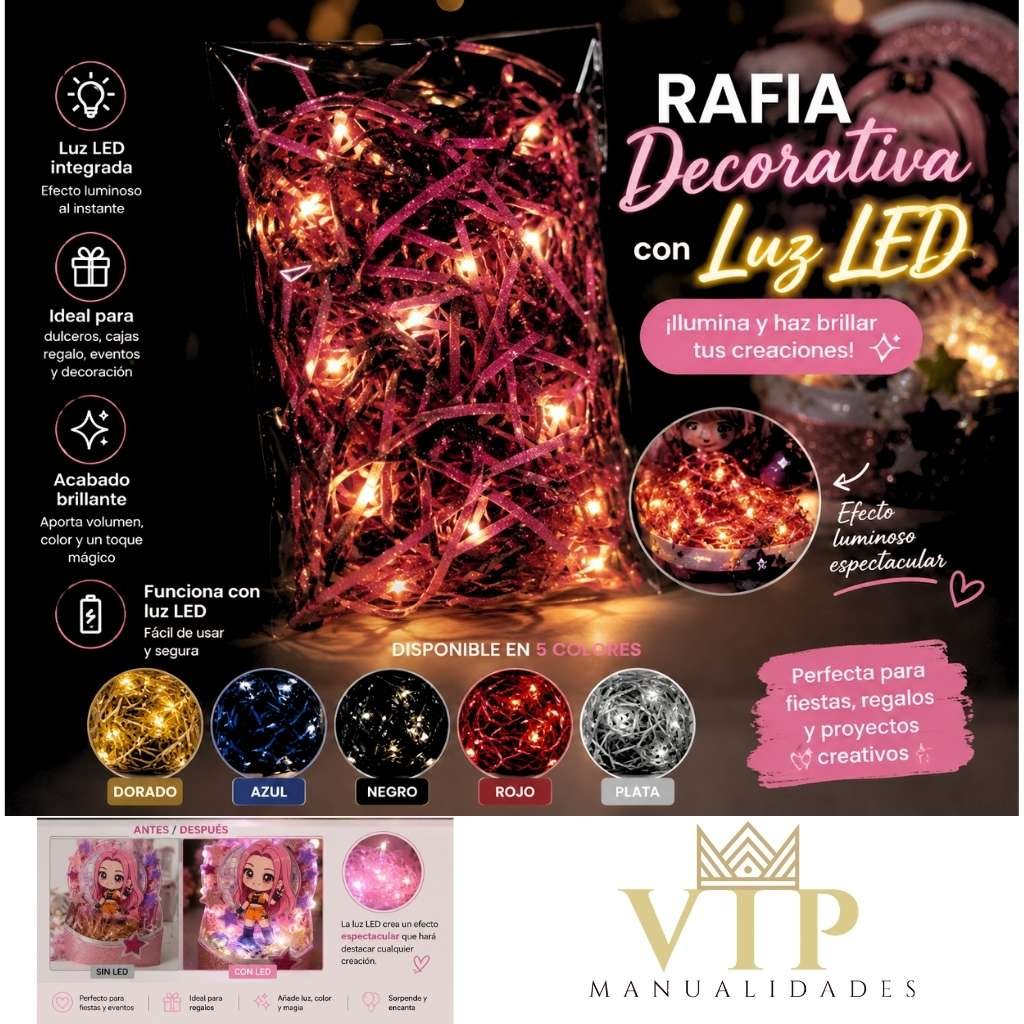 Rafia Decorativa efecto purpurina con Luz LED