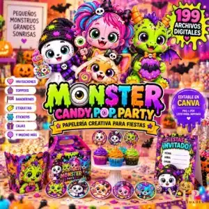 Kit Digital de Papelería Creativa para Fiestas | Monster Candy Pop Party